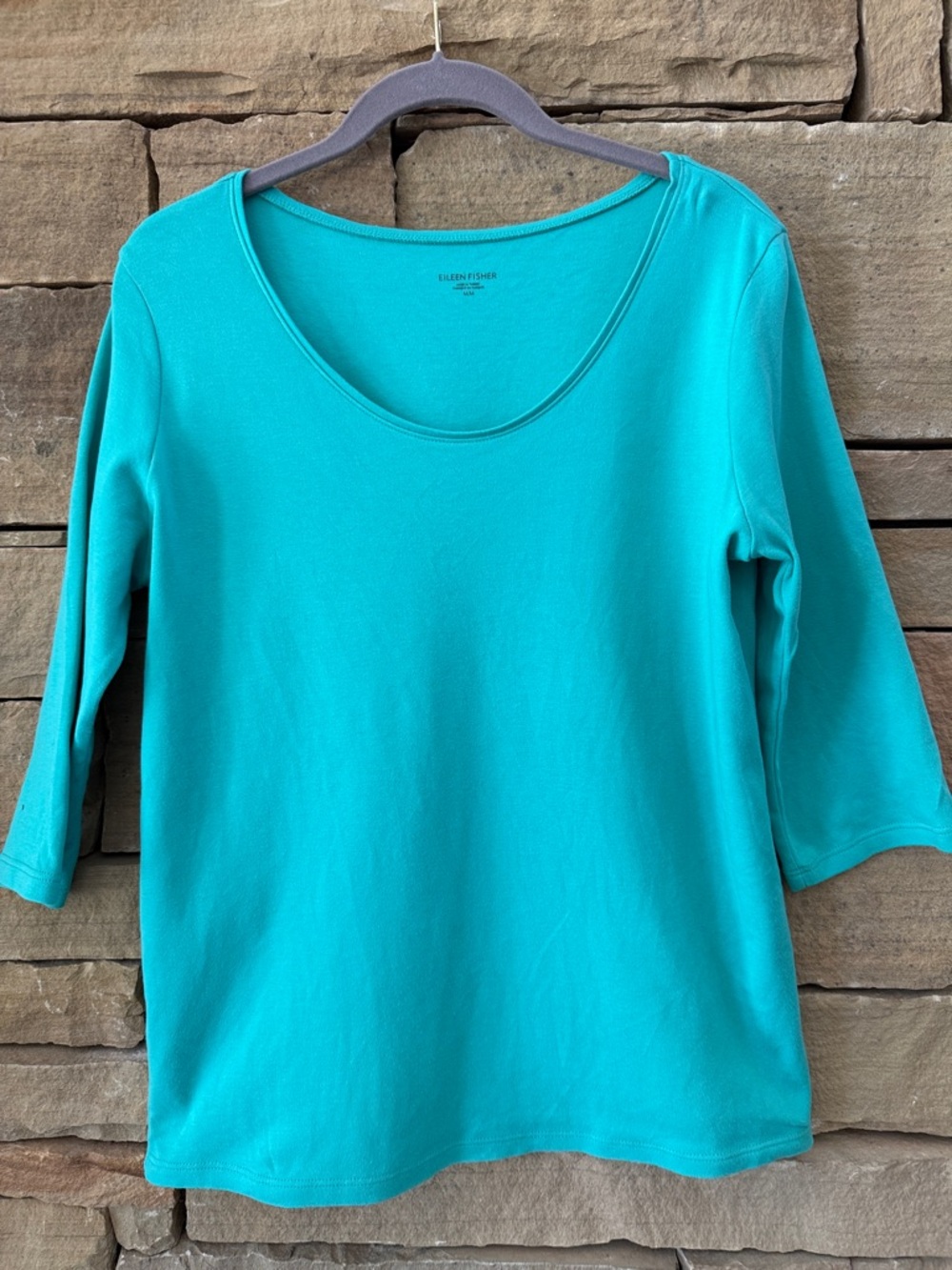 Eileen Fisher Teal Scoop Neck 3/4 Sleeve Organic Cotton Top T-Shirt